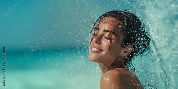 Obraz close-up photo of a beautiful woman with tied-up hair, eyes closed, smiling as light blue water splashes gently on her, with wide empty space