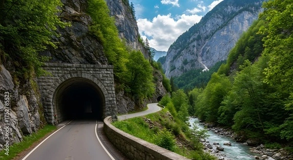 Fototapeta A road winds past a tunnel entrance through a mountain gorge with a river below