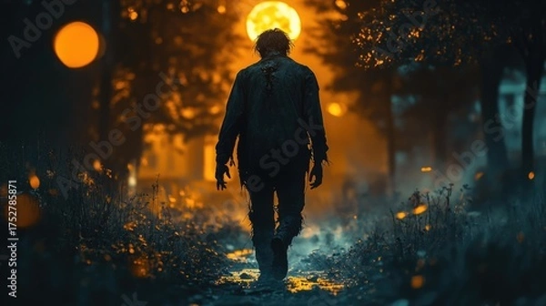 Fototapeta Mutated zombie dragging its disfigured body across the overgrown park, night air thick with decay, the eerie glow of the moon casting shadows.