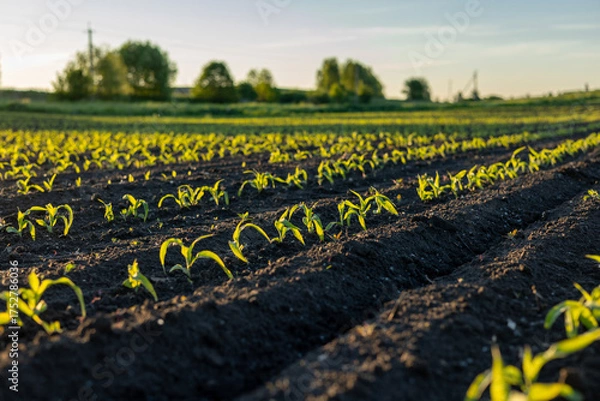 Fototapeta Young corn plants grow steadily in rows on rich soil, nurtured by sunlight, ready for a successful harvest in the season ahead