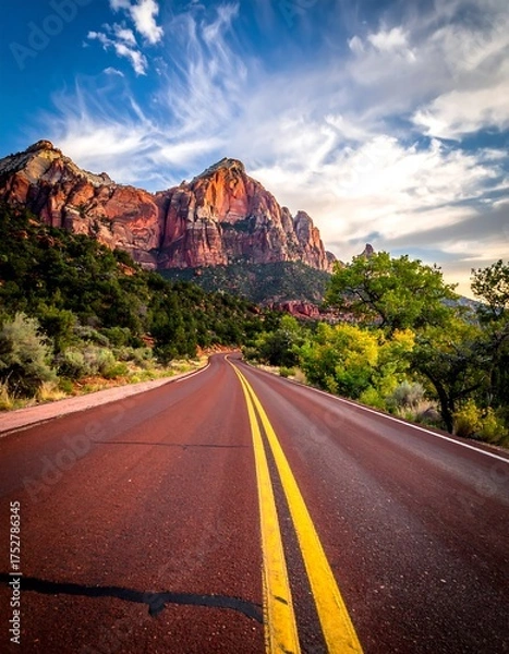 Fototapeta A road stretches towards a majestic mountain, illuminated by sunset hues, under a vibrant sky