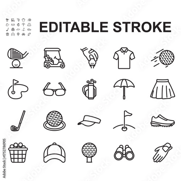 Obraz A set of golf-related icons. Line-style vectors. Contains icons such as golf carts, golf clubs, balls, and more.