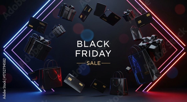 Fototapeta Creative Black Friday sale background with floating shopping elements, neon lights, and luxury atmosphere.