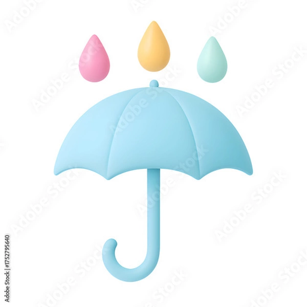 Fototapeta 3D umbrella icon, blue parasol with colorful raindrops, isolated on transparent background