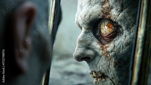 Obraz Man with gaze in a mirror, decaying image in return. Reminder of death, fear of what's to come, life fading with each passing moment in the mirror.