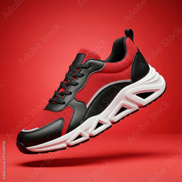 Fototapeta Dynamic Red and Black Athletic Shoe on Fiery Red Background: Modern Sportswear Design for Fitness and Active Lifestyle