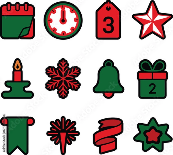 Fototapeta Festive Holiday and New Year Icon Set with Calendar, Gifts, and Snowflakes