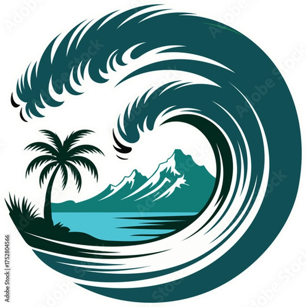 Fototapeta Tropical Island Wave Logo with Palm Tree, Ocean, and Mountain Silhouette Art