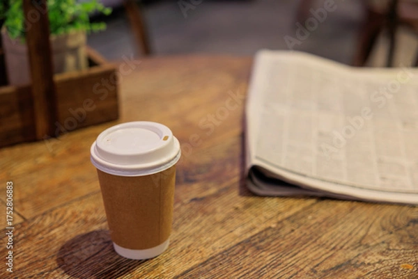 Obraz 無人のカフェの片隅、開かれた雑誌と珈琲