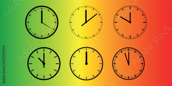 Obraz Clock Time Vector Illustration Set on Rasta Color Gradient Background for Timekeeping