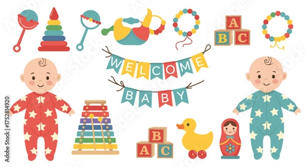 Fototapeta Welcome baby celebration with colorful toys and decorations.
