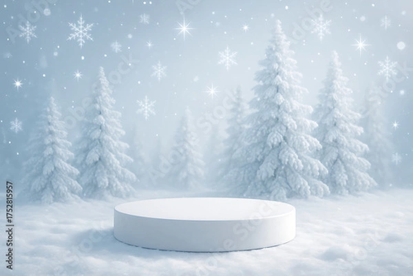 Obraz Winter snowy forest background with white podium and falling snowflakes 