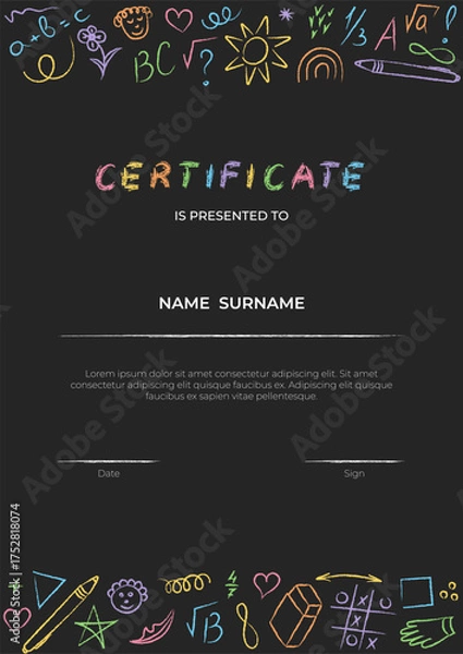 Fototapeta Cute kids certificate template in hand drawn doodle style. Fun color chalk style border with school themed elements: stars, sun, rainbow, numbers, and geometric shapes. Editable vector layout for
