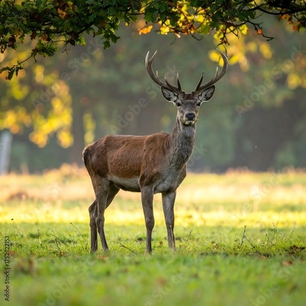 Obraz Majestic deer stands in a sunlit field, framed by overhanging foliage