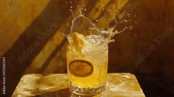 Fototapeta Drink with slice of citrus fruit, water splash, & ice in glass on a stone table