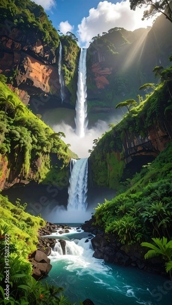 Obraz Majestic waterfalls cascade through lush, vibrant, green, mountainous jungle terrain