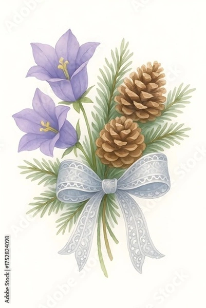 Obraz Elegant watercolor bouquet featuring lavender bellflowers, pine sprigs, and pinecones tied with a delicate lace ribbon for a festive winter design
