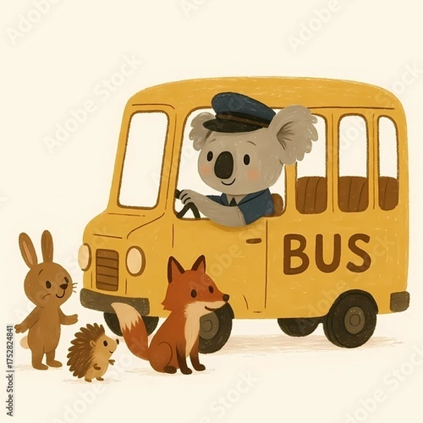 Obraz Adorable koala driving school bus with happy rabbit, hedgehog, and fox animal friends, perfect for children's storybooks and educational content
