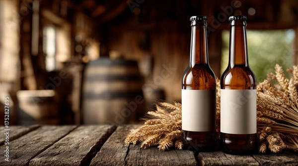 Obraz pair of craft beer bottles with blank label on wooden table with barley ears in barn shed interior