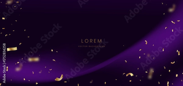 Fototapeta Luxury purple curve ray on dark red background with gold confetti.