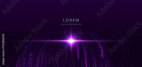 Fototapeta Pink and purple curve lines glowing with lighting effect sprakle on dark background.