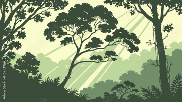 Fototapeta Lush Forest Silhouette with Sunlight Rays Vector for Nature Backgrounds Environmental Campaigns and Travel Promotions