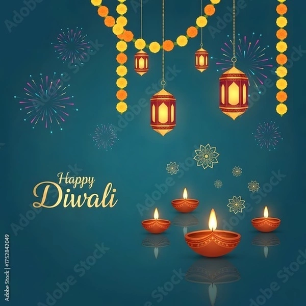 Fototapeta Celebrate Happy Diwali background with festive diya lamps