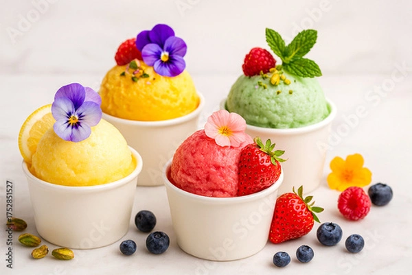 Obraz Elegant fruit sorbet still life with fresh toppings on marble.