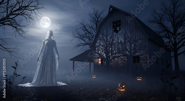 Fototapeta Ethereal Ghostly Figure Glowing in Moonlight by Old Wooden Barn with Jack-o'-lanterns