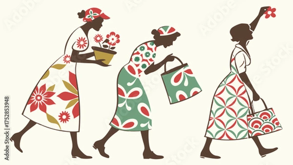 Fototapeta Three Black Women Walking with Shopping Bags and Flowers. Retro Illustration of Diverse Community Lifestyle, Spring Activities, and Retail Themes.