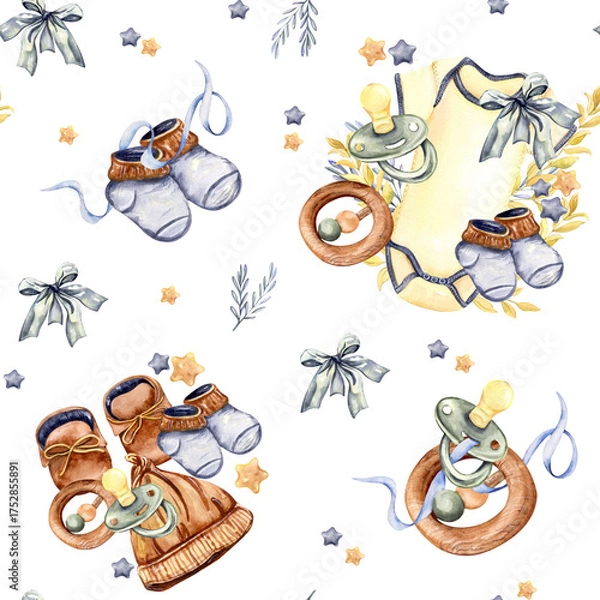 Obraz Seamless pattern with baby shoes, clothes, pacifiers and leafy branches watercolor illustration