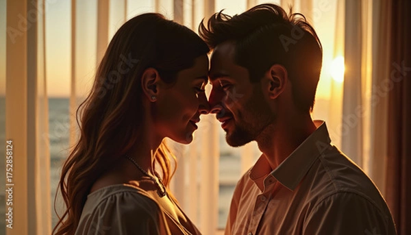 Fototapeta Couple gazing indoors at sunset, warm intimate moment with soft light