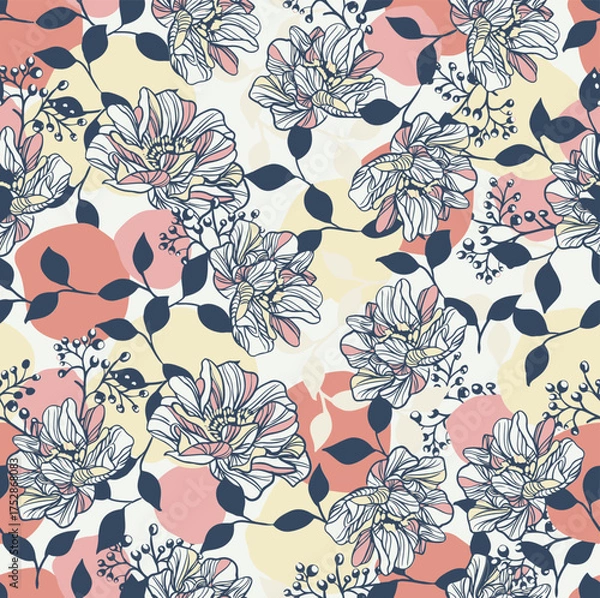 Fototapeta Beautiful seamless floral pattern with hand-drawn peonies and leaves in line art style, layered over abstract pastel shapes. Feminine botanical, textiles, wallpapers, stationery, and packaging design.