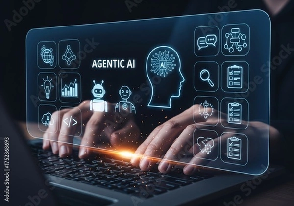 Fototapeta Agentic AI Holographic Dashboard Above Laptop — Readable Icons & Charts