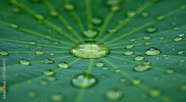 Fototapeta A green leaf is covered in water droplets most notably a large drop in the center