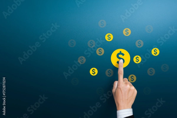 Obraz Hand of the businessman pressing money icons. Investment with financial concept, copy space