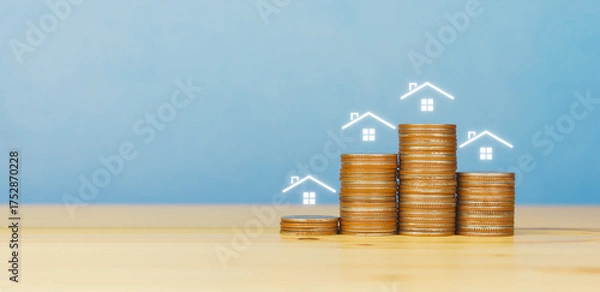 Obraz rising stacked coins with house icon. copy space