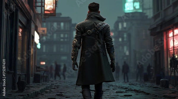 Obraz A lone figure from behind, featuring intricate bionic arm details and a long coat, navigates a rain-slicked urban landscape under foggy, futuristic city lights at night.