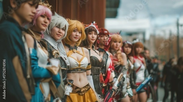Obraz Group of people wearing a cosplay outfit of different anime characters posing at anime exhibition