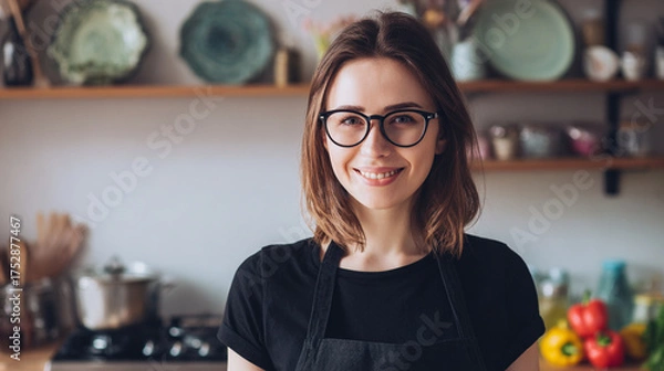 Fototapeta Smiling woman in kitchen wearing apron and glasses