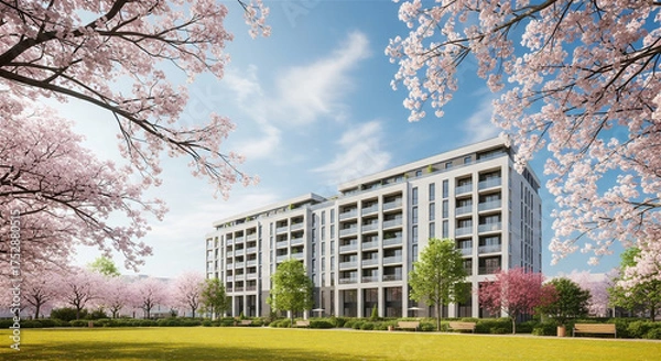 Obraz 分譲マンションと満開の桜
