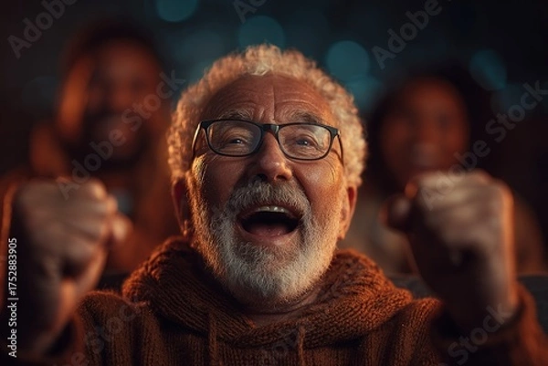 Fototapeta Elderly man celebrates winning lottery numbers on tv family gathering indoor setting joyful atmosphere