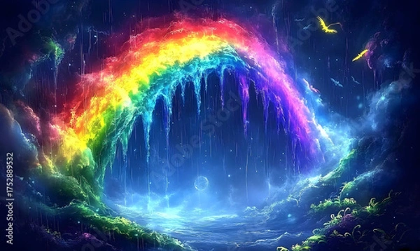 Fototapeta Celestial Rainbow Waterfall: A Dreamlike Nightscape