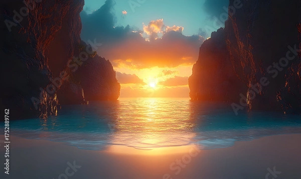 Fototapeta Dramatic Sunset Through a Coastal Cave