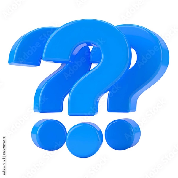 Fototapeta Three 3D glossy blue question marks, clustered, on a transparent background, slightly angled