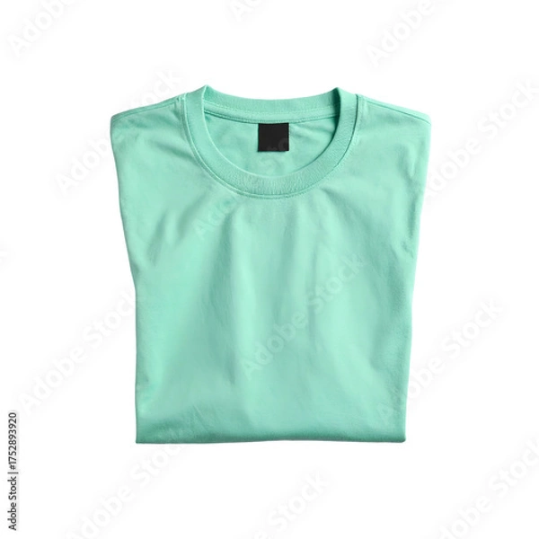 Fototapeta Light teal t-shirt neatly folded, top-down view with blank tag, on a black background