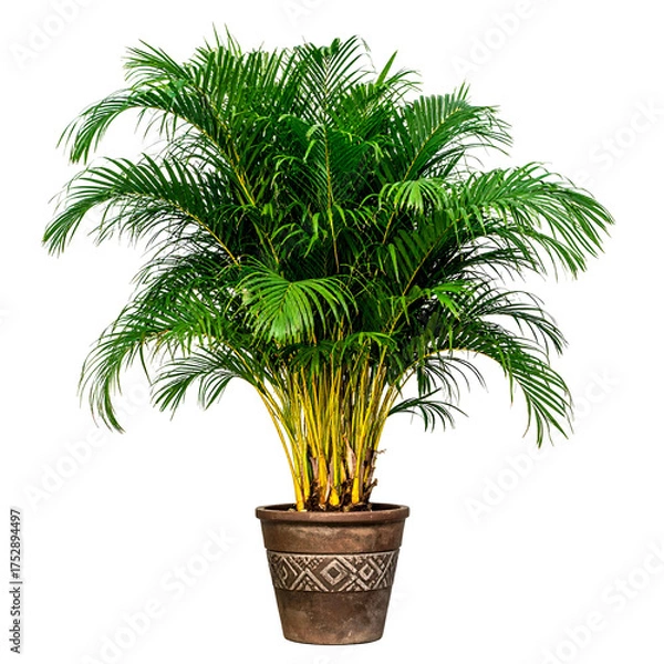 Fototapeta Lush green Areca palm in a decorative brown pot against a black background