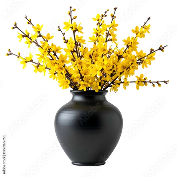 Fototapeta A simple, elegant black vase holds a bouquet of bright, yellow forsythia blossoms against a black background