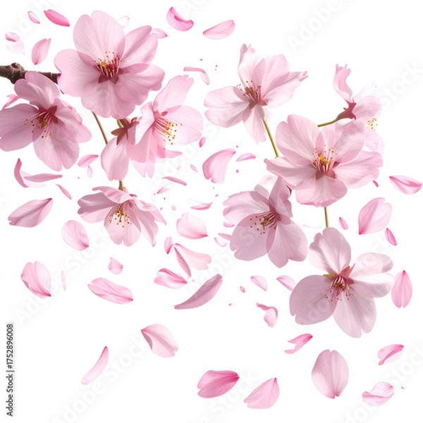 Fototapeta Delicate pink cherry blossoms and petals cascade against a stark black backdrop