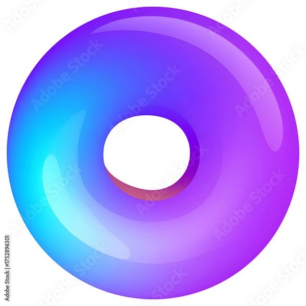 Fototapeta A glossy, three-dimensional donut shape with a gradient of blue to purple against black